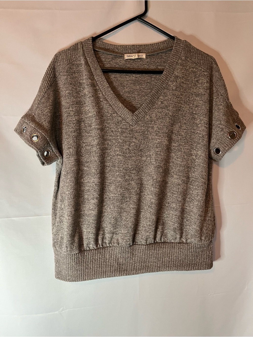 Parallel Skies  Gray V-Neck Short Sleeve Sweater with Grommet Detail